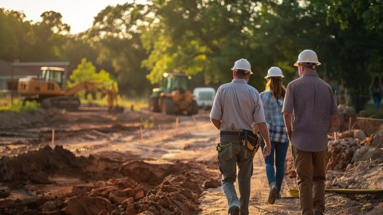 A group of 2 contractors and one designer walked through the footing project with their backs turned, focusing on the foundation repair. they are wearing safety hat and drawing plan.