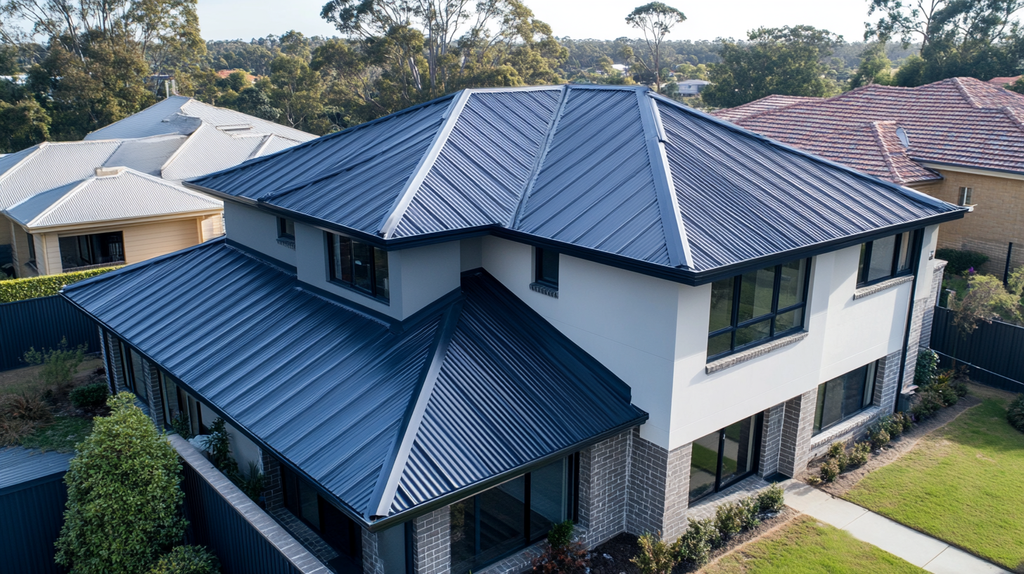 a standing seam metal roof installed in a house roof, wide shot including the whole house. catch that the roof installed is new.