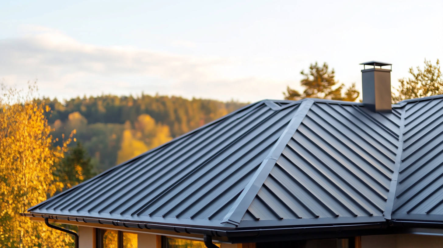 a standing seam metal roof installed in a house roof, wide shot including the whole house. catch that the roof installed is new.