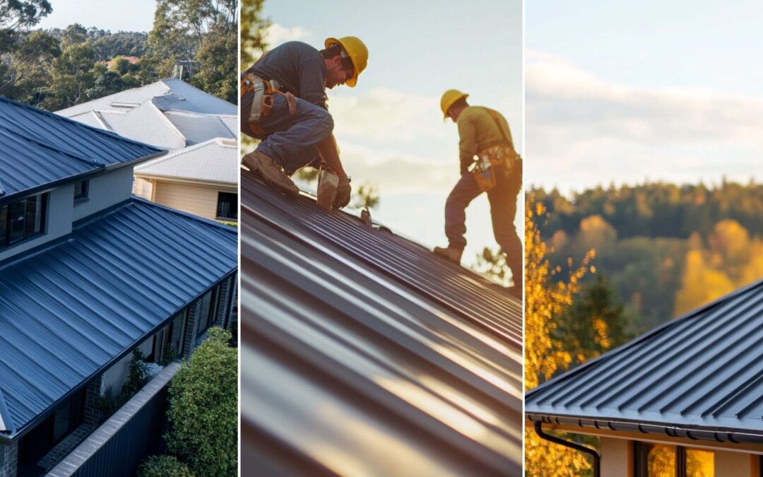 two roofers are doing a residential standing seam metal roof installation. he is holding an electric drill properly. The standing seam metal roof is clean and properly installed. The roofer is wearing the appropriate and complete safety gear. a standing seam metal roof installed in a house roof, wide shot including the whole house. catch that the roof installed is new.