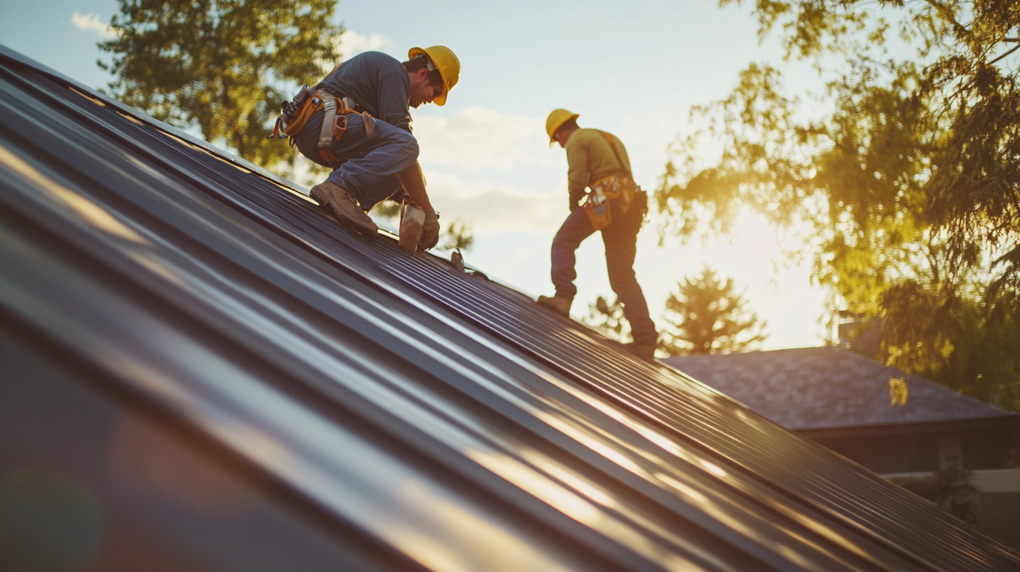 two roofers are doing a residential standing seam metal roof installation. he is holding an electric drill properly. The standing seam metal roof is clean and properly installed. The roofer is wearing the appropriate and complete safety gear.