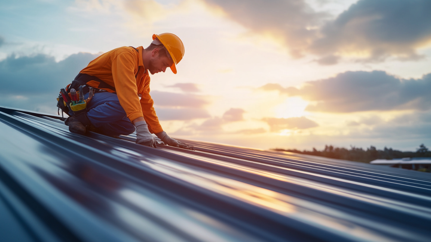 A skilled roofer doing material evaluation job on a metal roof.