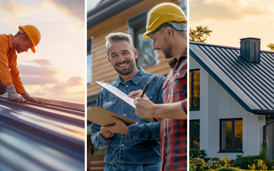 A skilled roofer doing material evaluation, a roofing contractor having a conversation with a client, and a residential house with standing seam metal roofing.