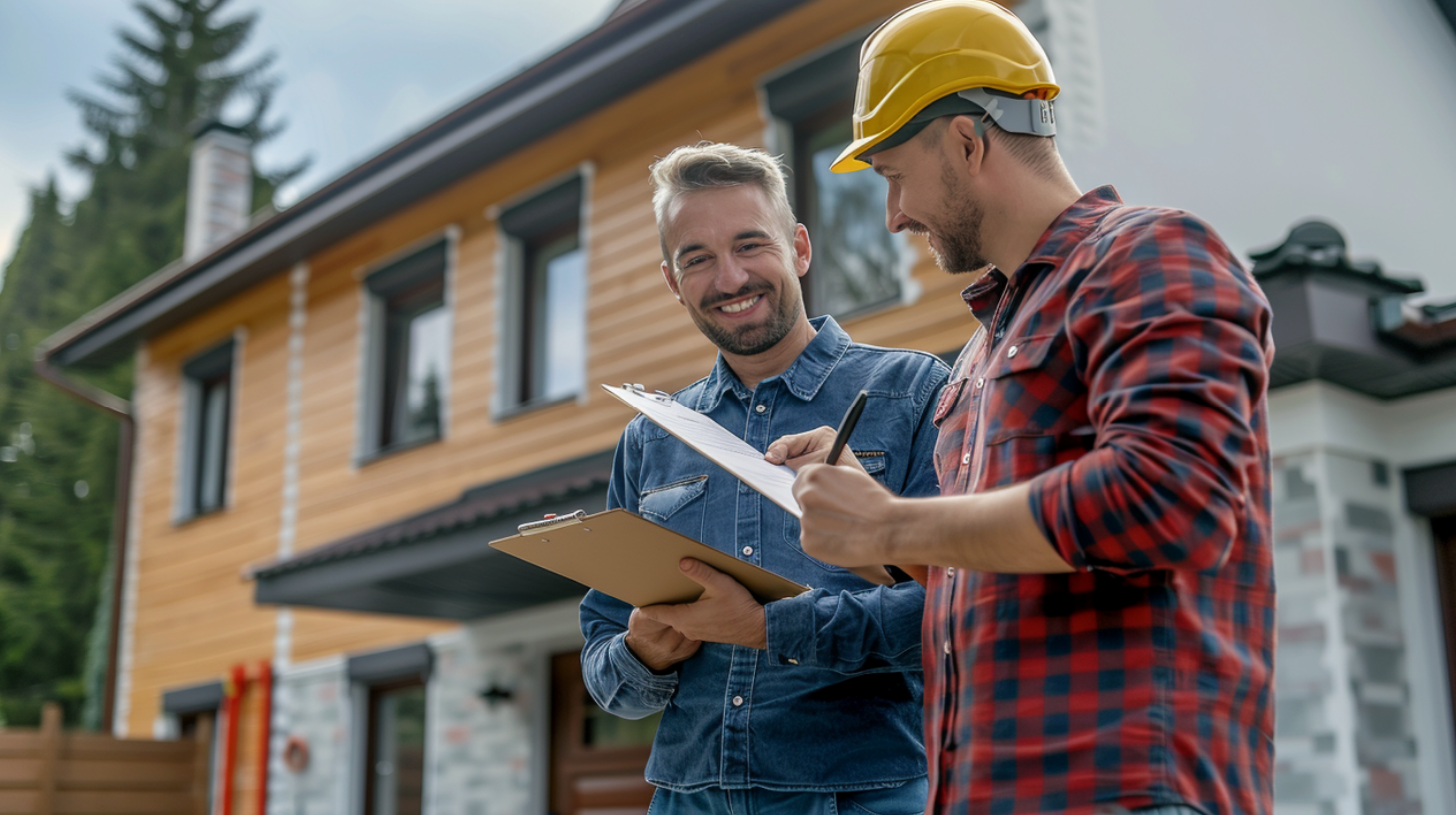 A roofing contractor having a conversation with a client about repair recommendations, right after the material evaluation inspection.