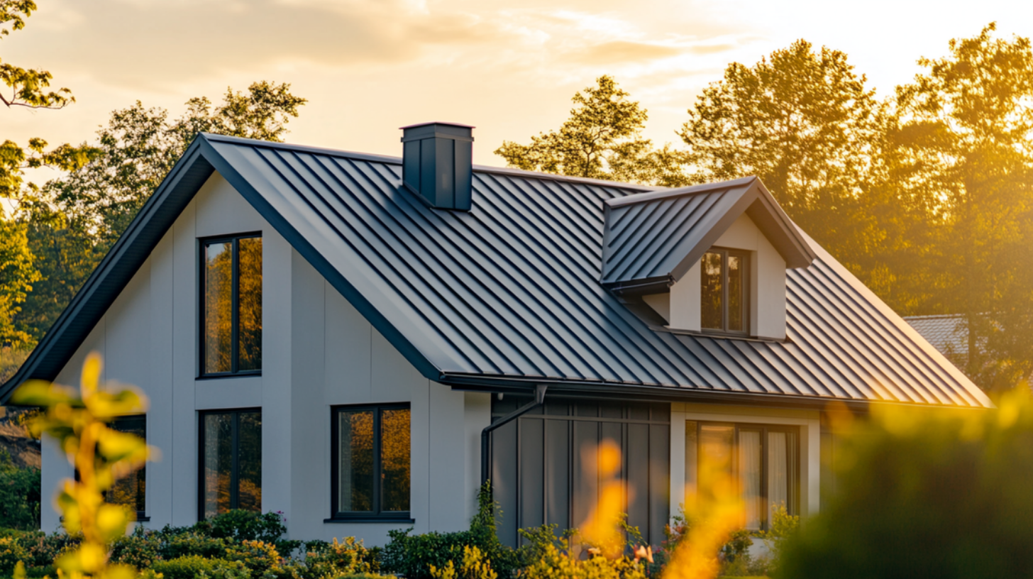 A residential house with standing seam metal roofing.