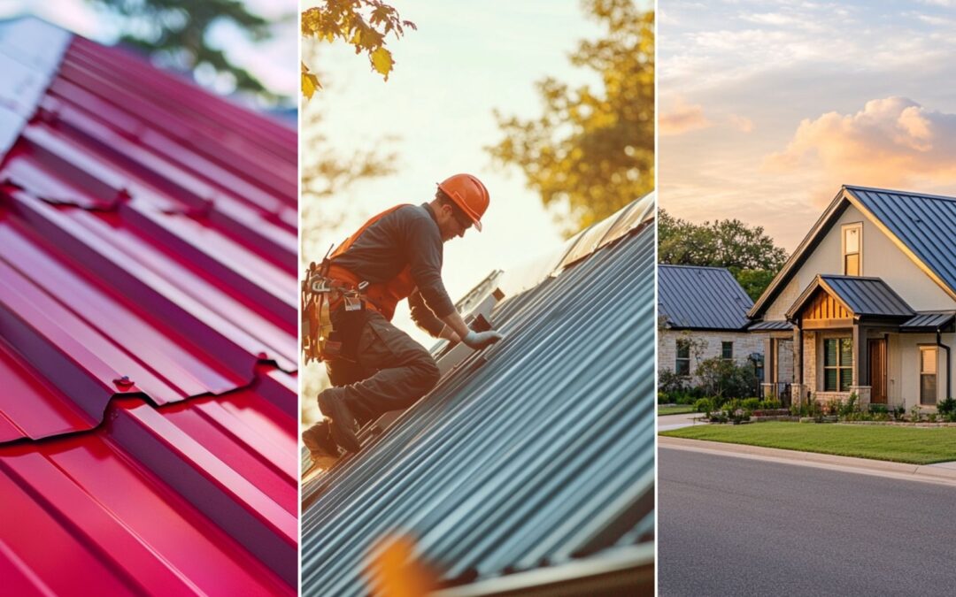 a standing seam metal roof installed in a house roof, catch that the roof installed is new. a standing seam metal roof installed in a house roof, catch that the roof installed is new. A roofer wearing PPE is on a ladder next to the house working on the roof. suburbian single family houses, texas region, residential neighborhood, view from the street. seam metal roofs.