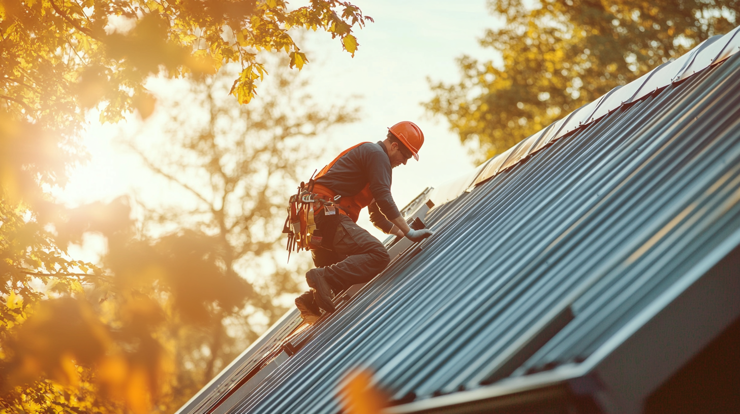 a standing seam metal roof installed in a house roof, catch that the roof installed is new. A roofer wearing PPE is on a ladder next to the house working on the roof.