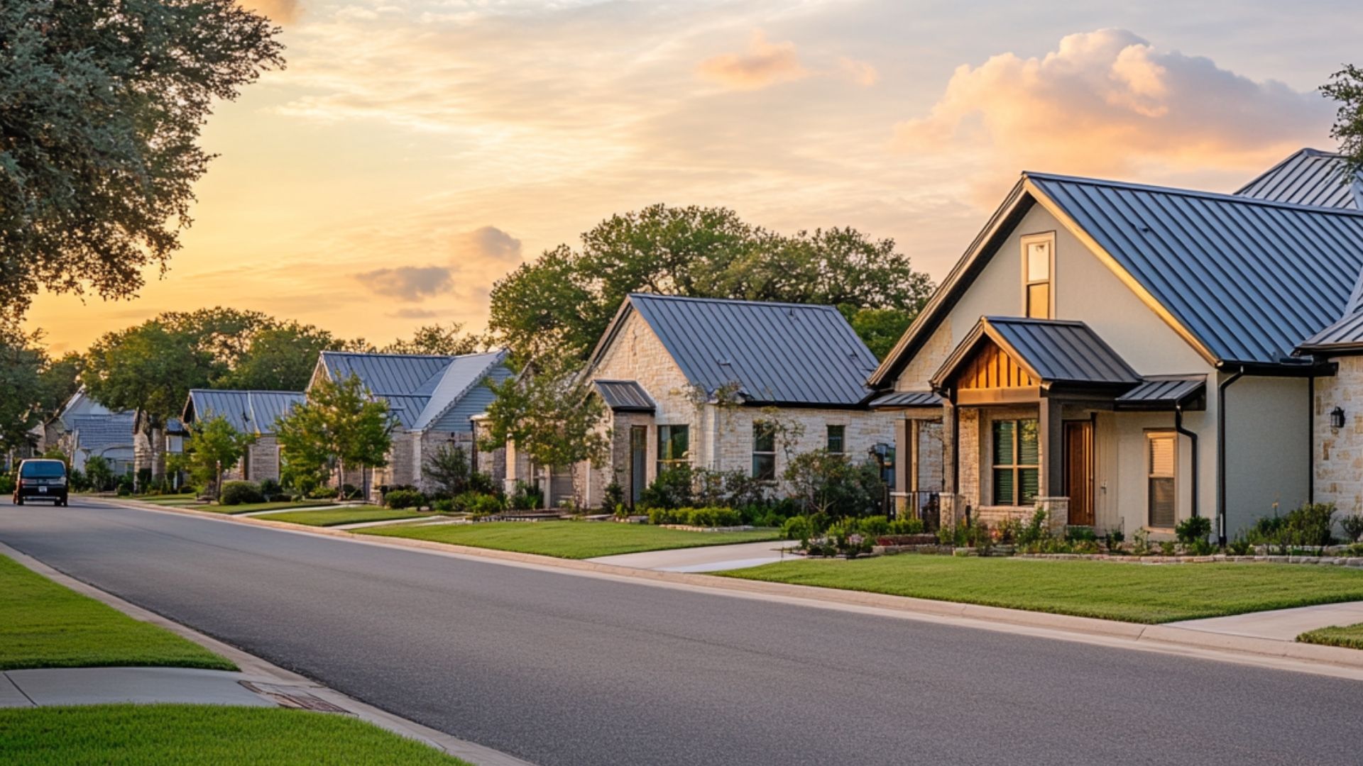 suburbian single family houses, texas region, residential neighborhood, view from the street. seam metal roofs.