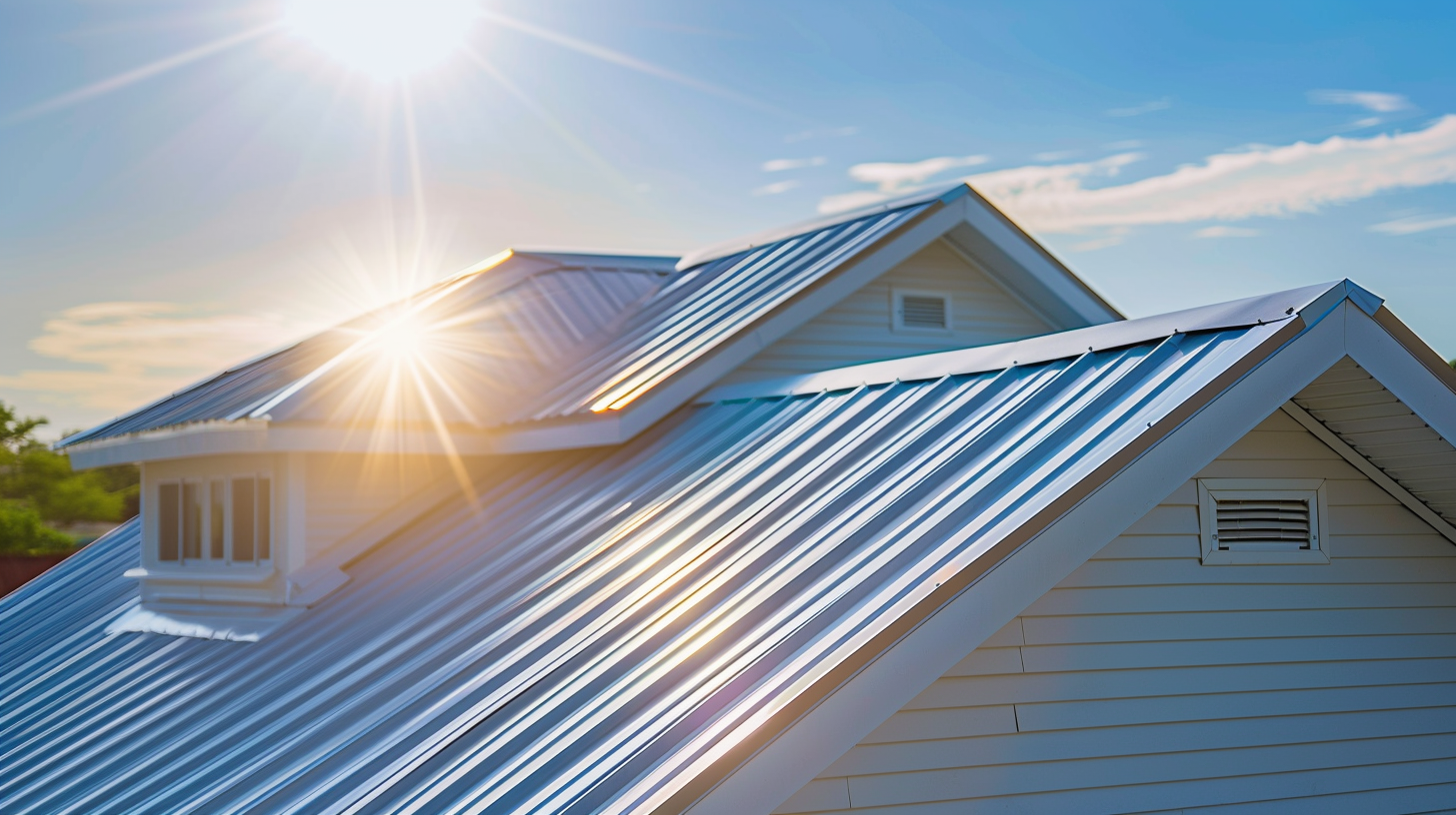 image of a sunny day with a white standing seam metal roof installed on a house. The roof should appear sleek and modern, reflecting the sunlight. The surrounding environment should indicate a hot day, with clear skies and perhaps some heat waves shimmering in the air. This image showcases the energy-efficient nature of metal roofs, which reflect solar heat away from the home, helping to keep it cool.