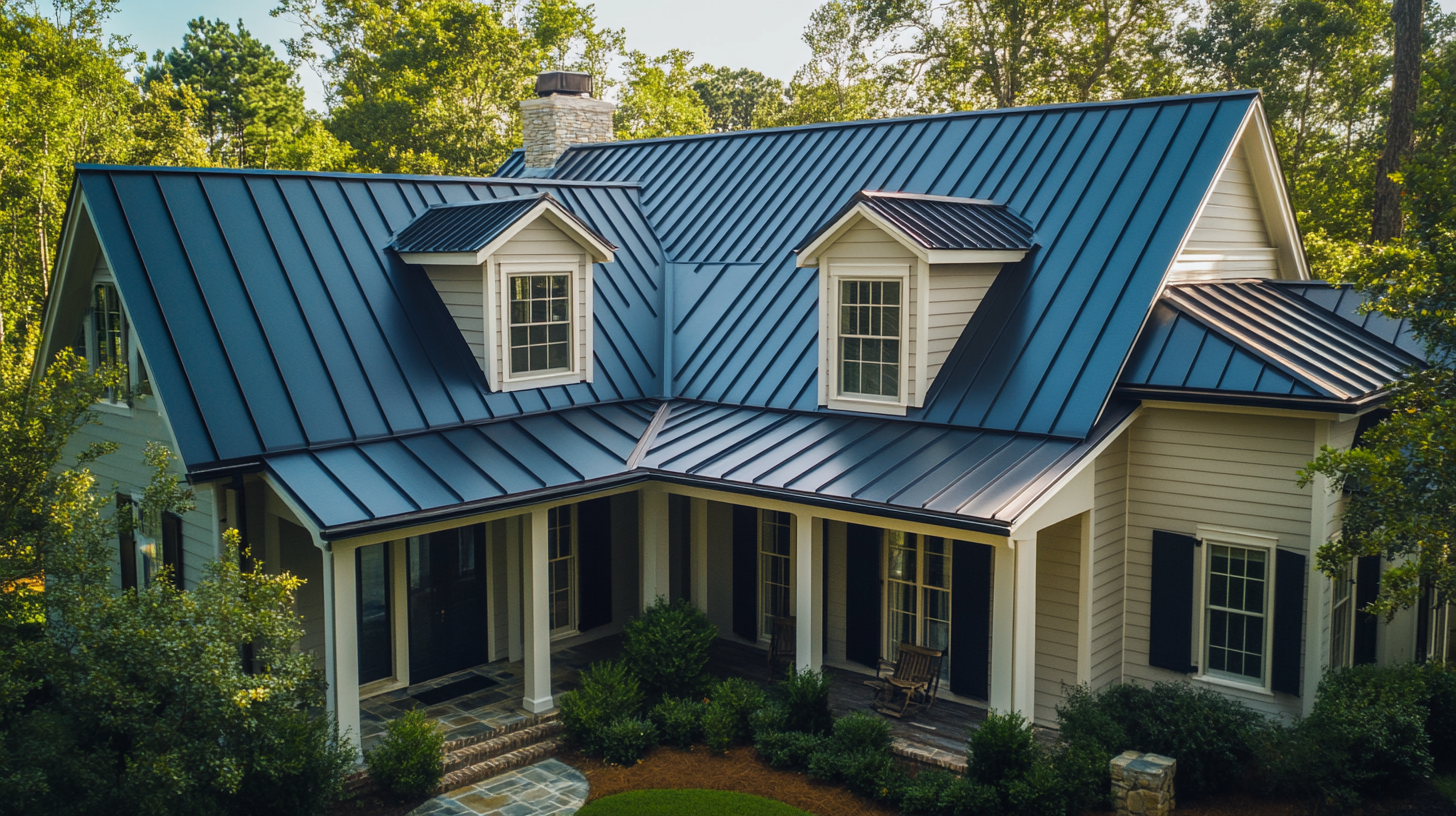 a standing seam metal roof installed in a house roof, wide shot including the whole house.