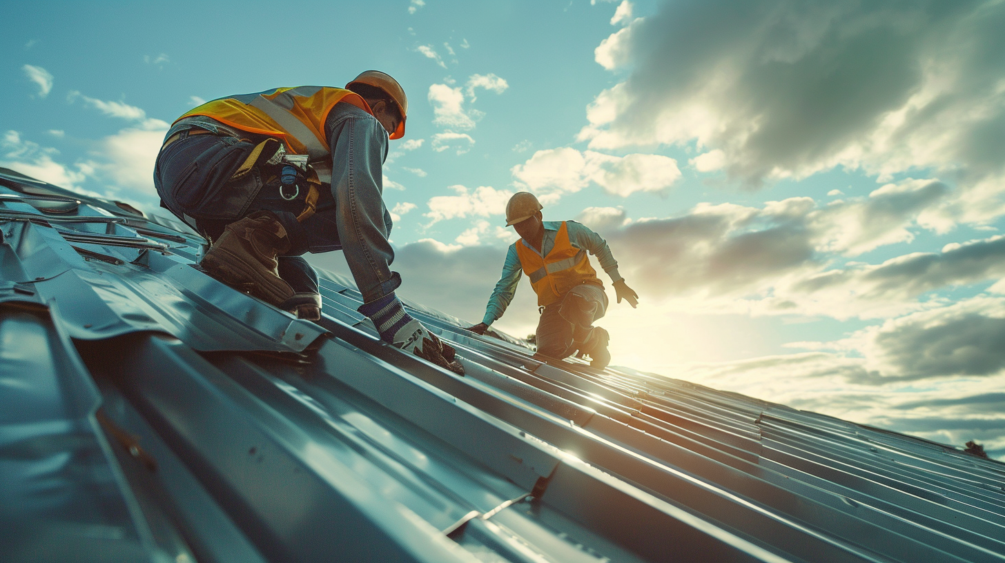 two roofers are doing a residential standing seam metal roof installation. he is holding an electric drill properly. The standing seam metal roof is clean and properly installed. The roofer is wearing the appropriate and complete safety gear.