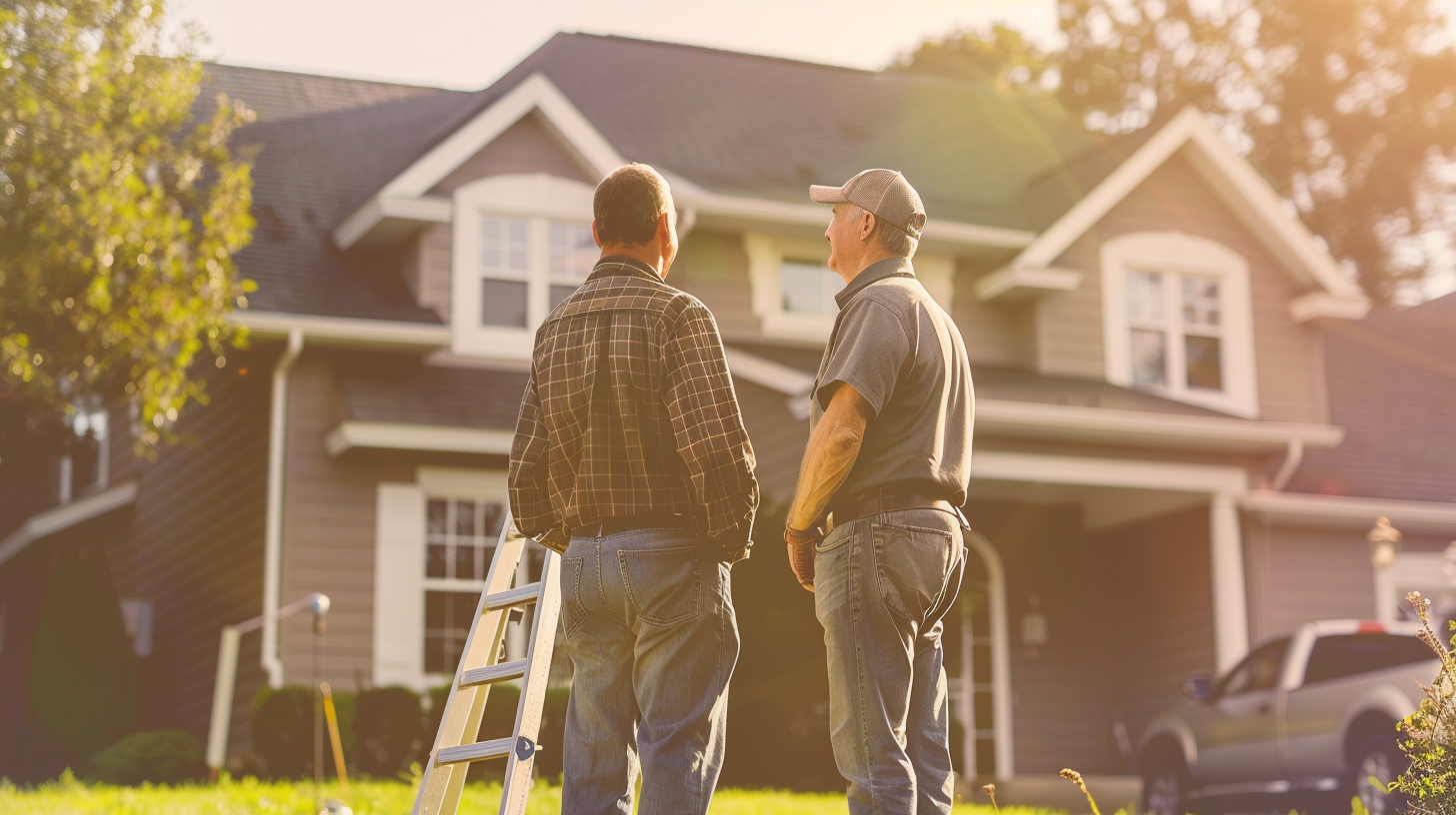 reliable roofing contractor is talking to homeowner standing on lawn in front of the house.