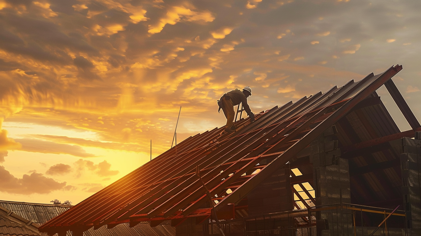 A roofer is on top of the roof and repairing a metal roofing.