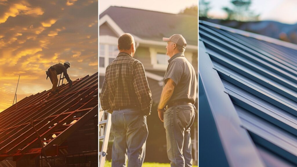 reliable roofing contractor is talking to homeowner standing on lawn in front of the house. A roofer is on top of the roof and repairing a metal roofing. a standing seam metal roof installed in a house roof, catch that the roof installed is new.