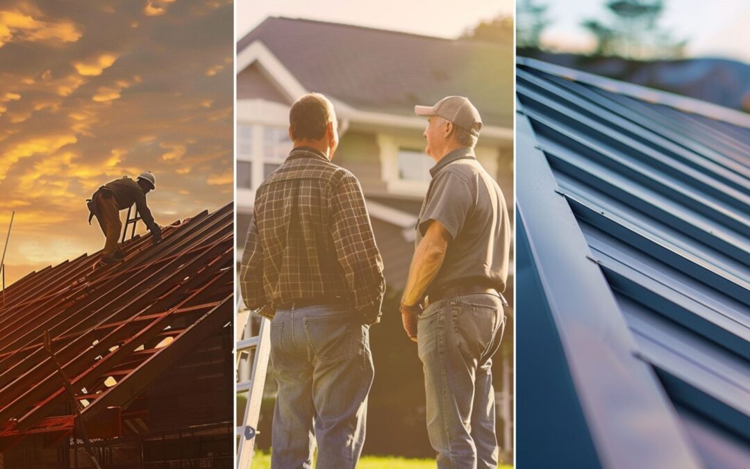 reliable roofing contractor is talking to homeowner standing on lawn in front of the house. A roofer is on top of the roof and repairing a metal roofing. a standing seam metal roof installed in a house roof, catch that the roof installed is new.