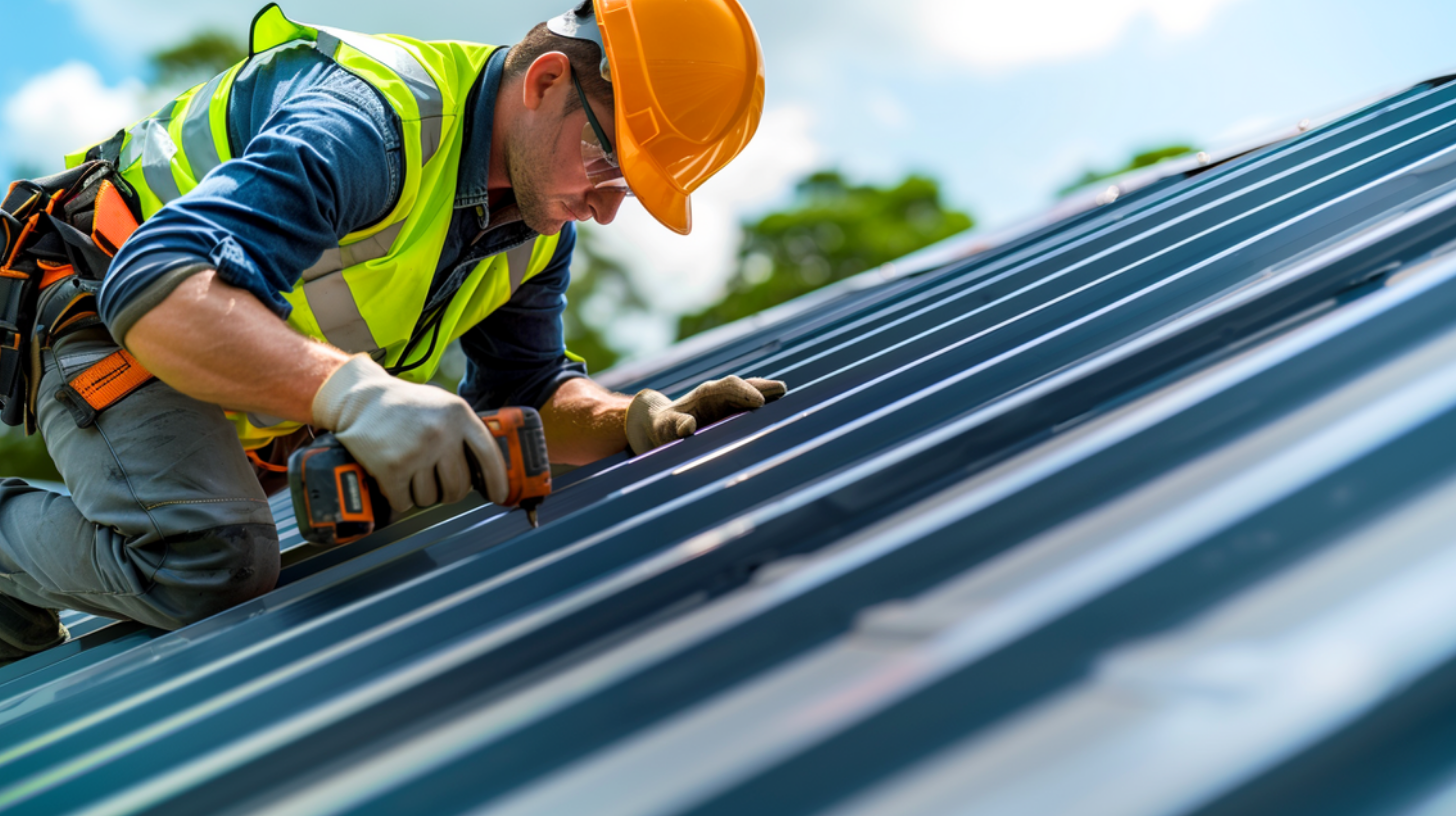 A professional roofer installing a metal roof.