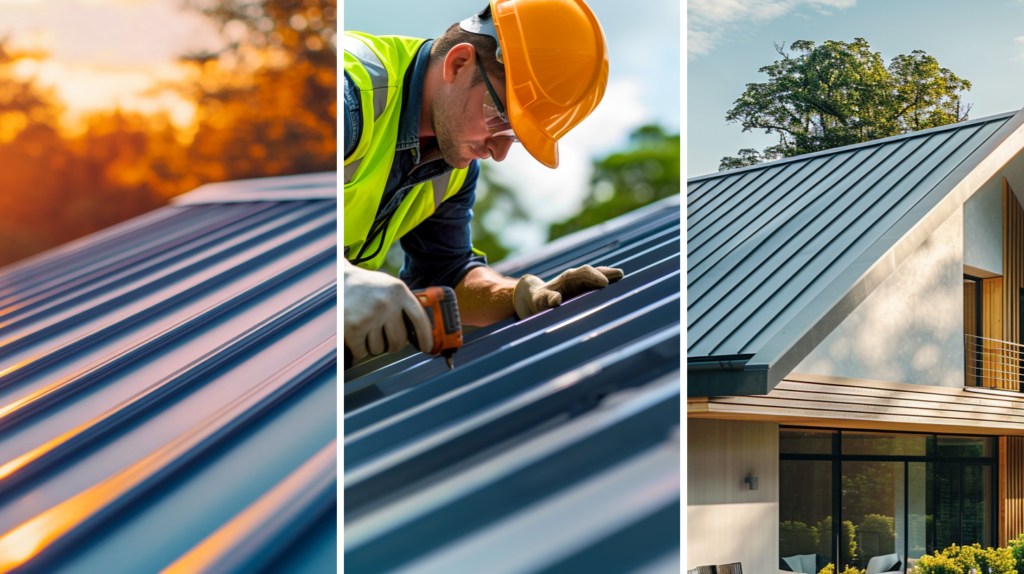 A close up image of a standing seam metal roof, a professional roofer installing a metal roof, and a residential house with metal roofing.