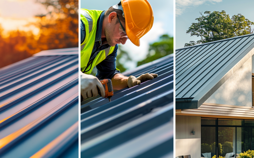 A close up image of a standing seam metal roof, a professional roofer installing a metal roof, and a residential house with metal roofing.