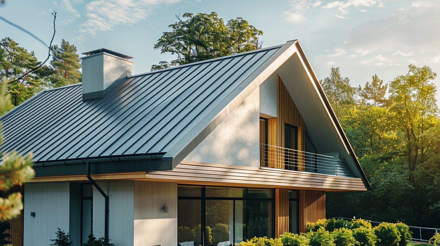 A residential house with metal roofing.