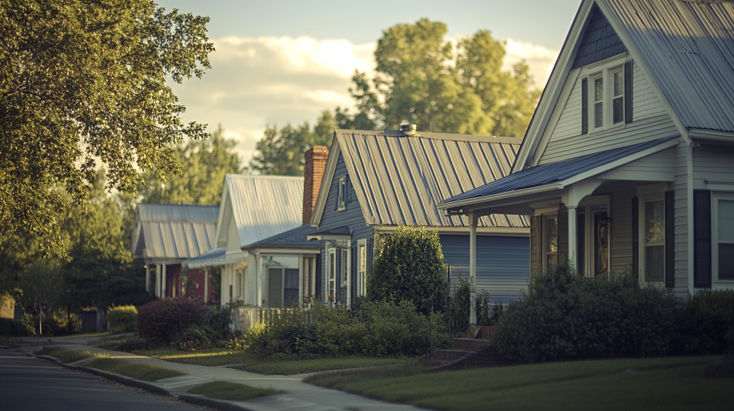 an image of suburban houses that have seam metal roofs.