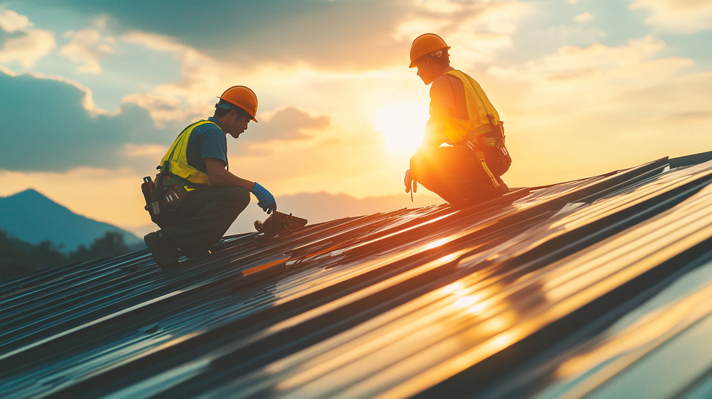 Photo of two workers are on top of the roof and repairing a metal roofing.