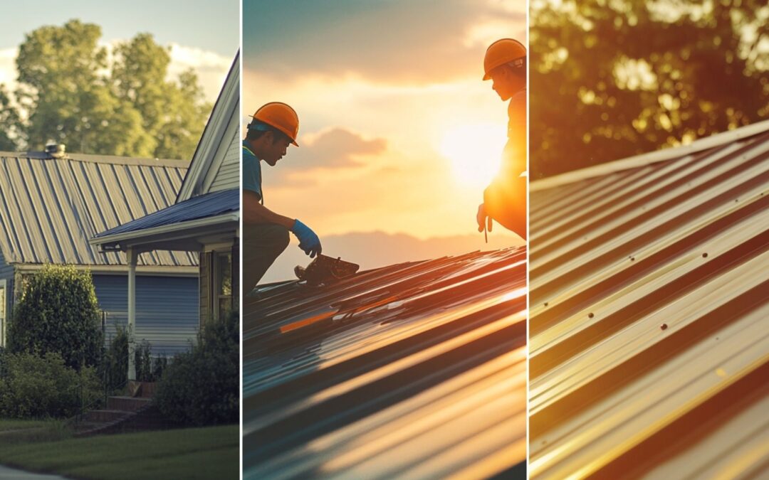 Photo of two workers are on top of the roof and repairing a metal roofing. an image of suburban houses that have seam metal roofs. an image of a standing seam metal roof installed in a house roof, catch that the roof installed is new.