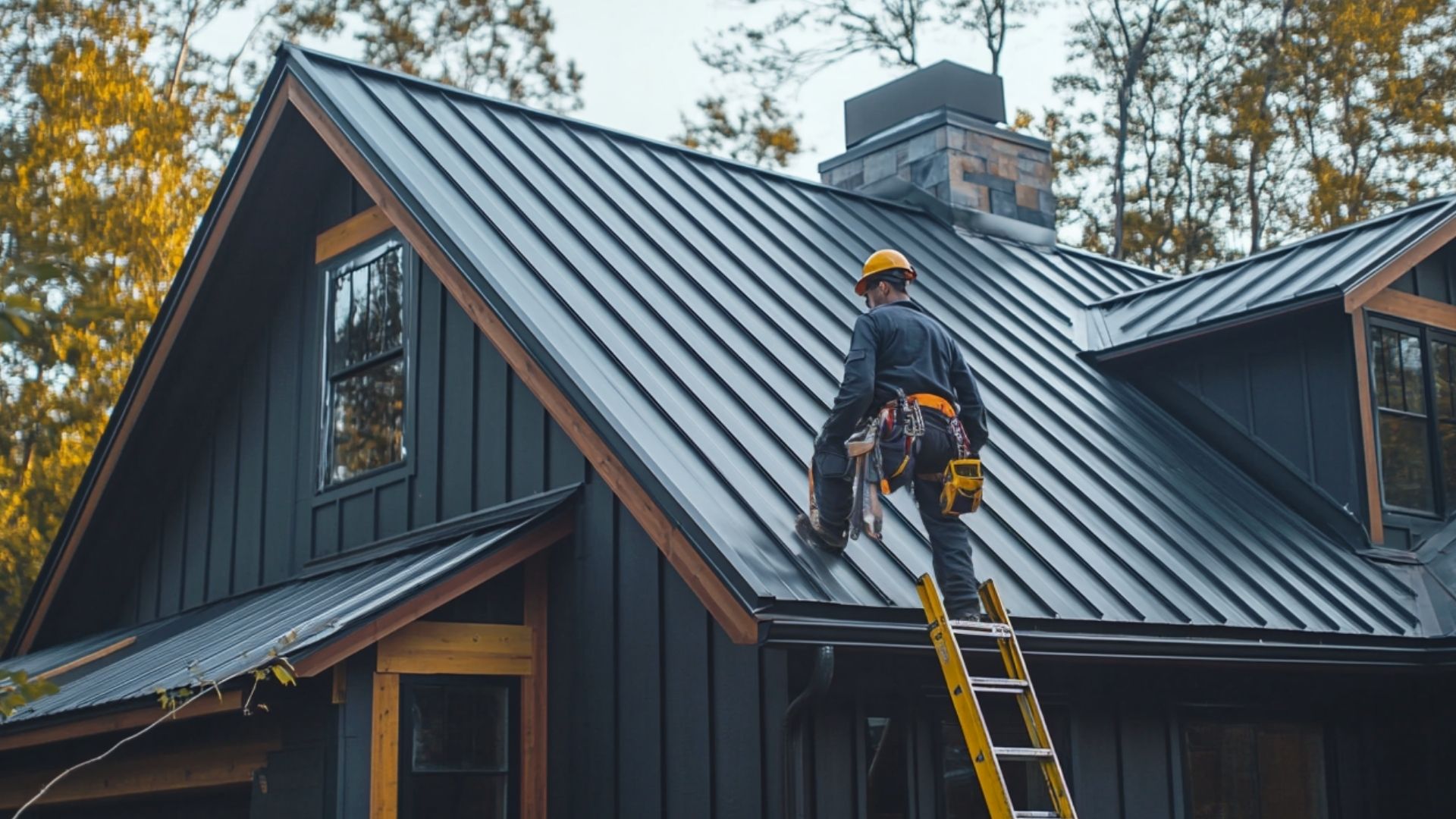 Two skilled roofing contractors, identifiable by their white hard hats and high-visibility vests, are admiring a newly installed asphalt shingles roof on a picturesque suburban home .