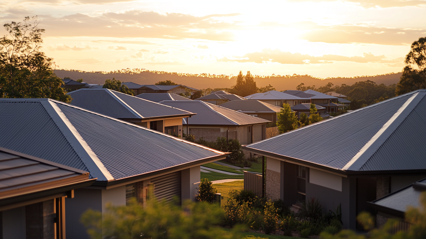 image of suburban houses that have seam metal roofs.<br />
