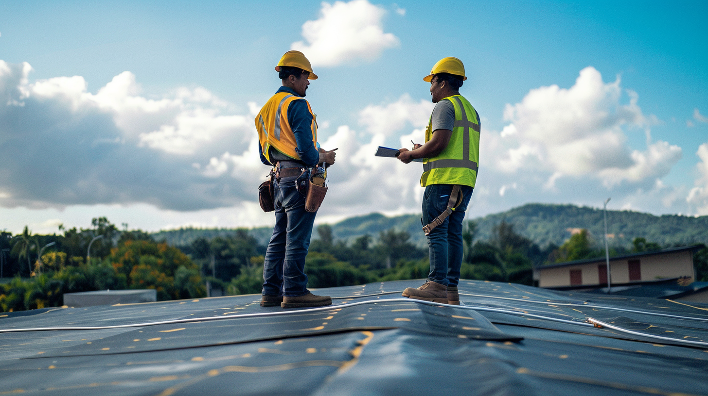 two roofers conducting an inspection on a flat roof. They are both standing on top of the roof wearing safety gears like high visibility vest, hard hat, BOTH wearing safety glasses and safety harness. The other roofer is holding and looking at a clipboard while engaged in a conversation with the other roofer.