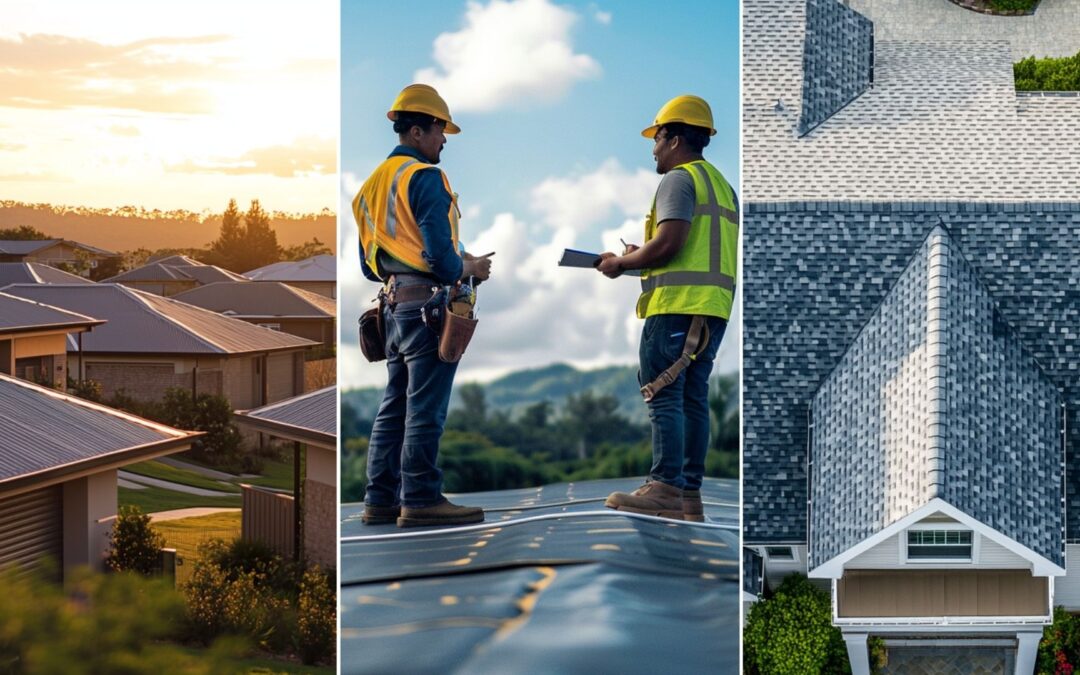 image of suburban houses that have seam metal roofs. two roofers conducting an inspection on a flat roof. They are both standing on top of the roof wearing safety gears like high visibility vest, hard hat, BOTH wearing safety glasses and safety harness. The other roofer is holding and looking at a clipboard while engaged in a conversation with the other roofer. a close-up top view of a charming suburban house with asphalt roofing. The perspective is directly above the roof, capturing the intricate texture and pattern of the asphalt shingles.