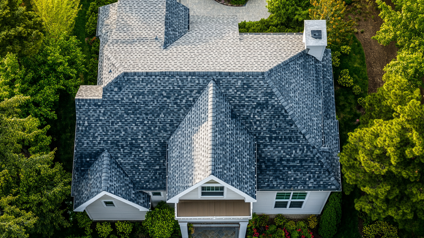 a close-up top view of a charming suburban house with asphalt roofing. The perspective is directly above the roof, capturing the intricate texture and pattern of the asphalt shingles.