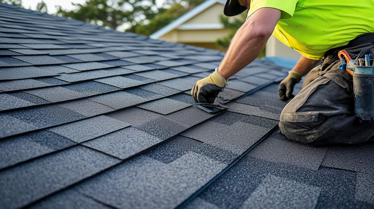 A roofer is installing asphalt shingles in the residential area of Texas.