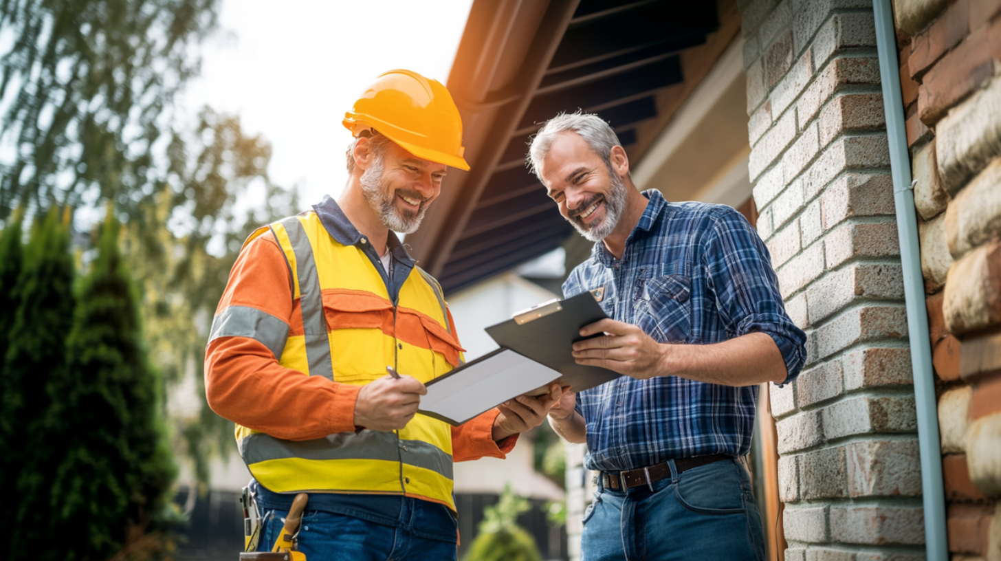 A roof contractor having a conversation with a client about recommendations, right after the roof inspection has been completed.