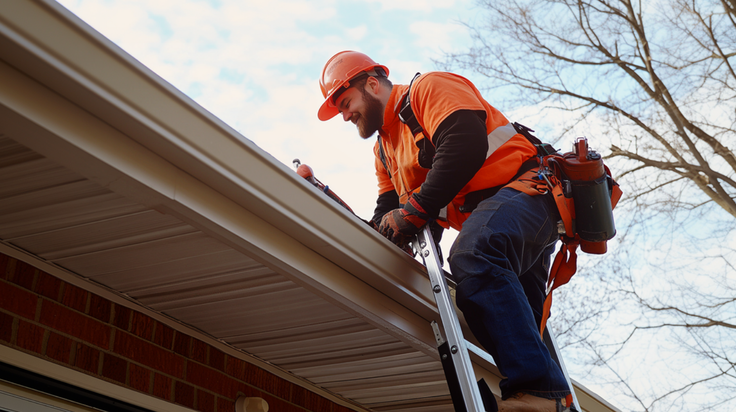 Roofer on a ladder is clearing out the house's gutters as part of the roof inspection's recommendation.