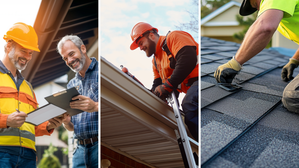 A roof contractor having a conversation with a client about recommendations, roofer on a ladder is clearing out the house's gutters, roofer is installing asphalt shingles in the residential area of Texas.