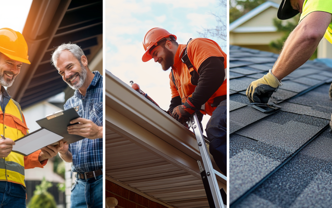 A roof contractor having a conversation with a client about recommendations, roofer on a ladder is clearing out the house's gutters, roofer is installing asphalt shingles in the residential area of Texas.