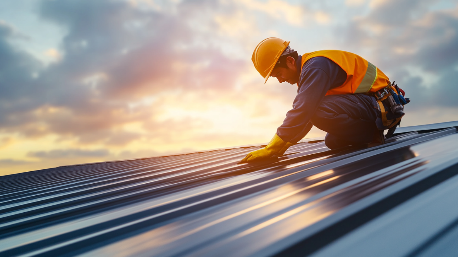 A professional roofer installing a metal roof that is crafted from materials known for their high recyclability.