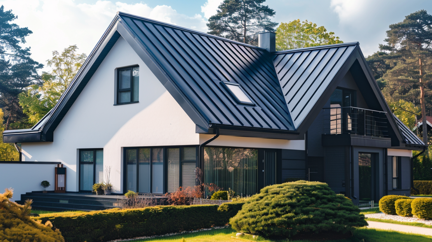 A residential house with a durable and highly recyclable metal roofing.