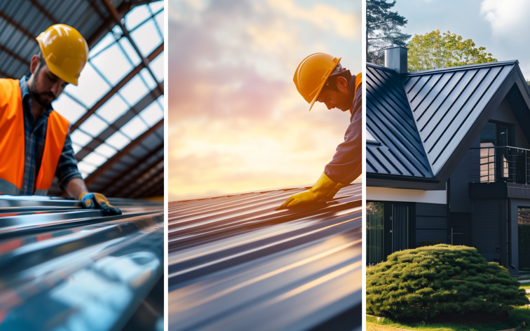 A worker in a metal recycling center, a professional roofer installing a metal roof, and a residential house with a durable and highly recyclable metal roofing.