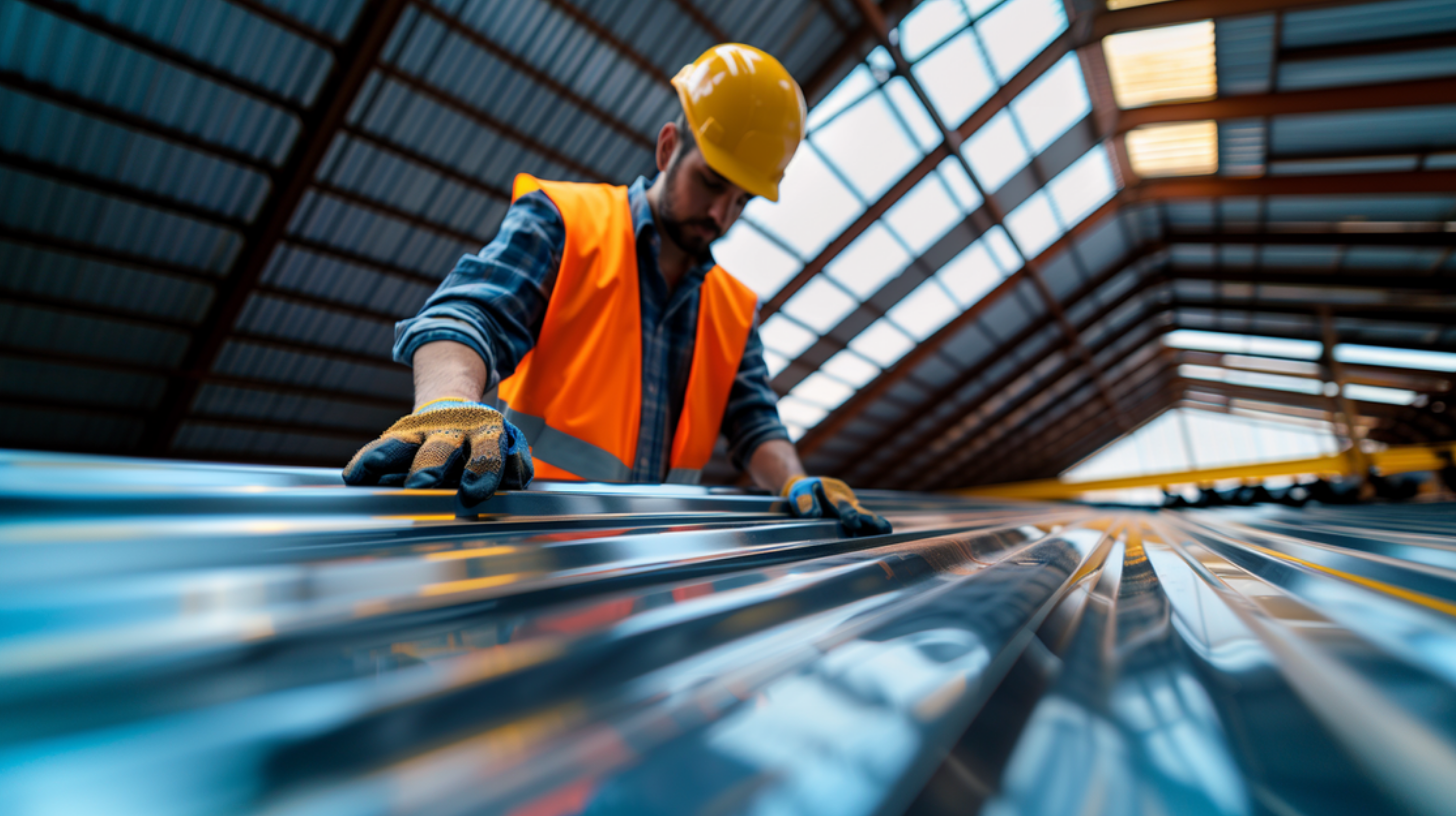 A worker in a metal recycling center is checking the metal roof's production quality.