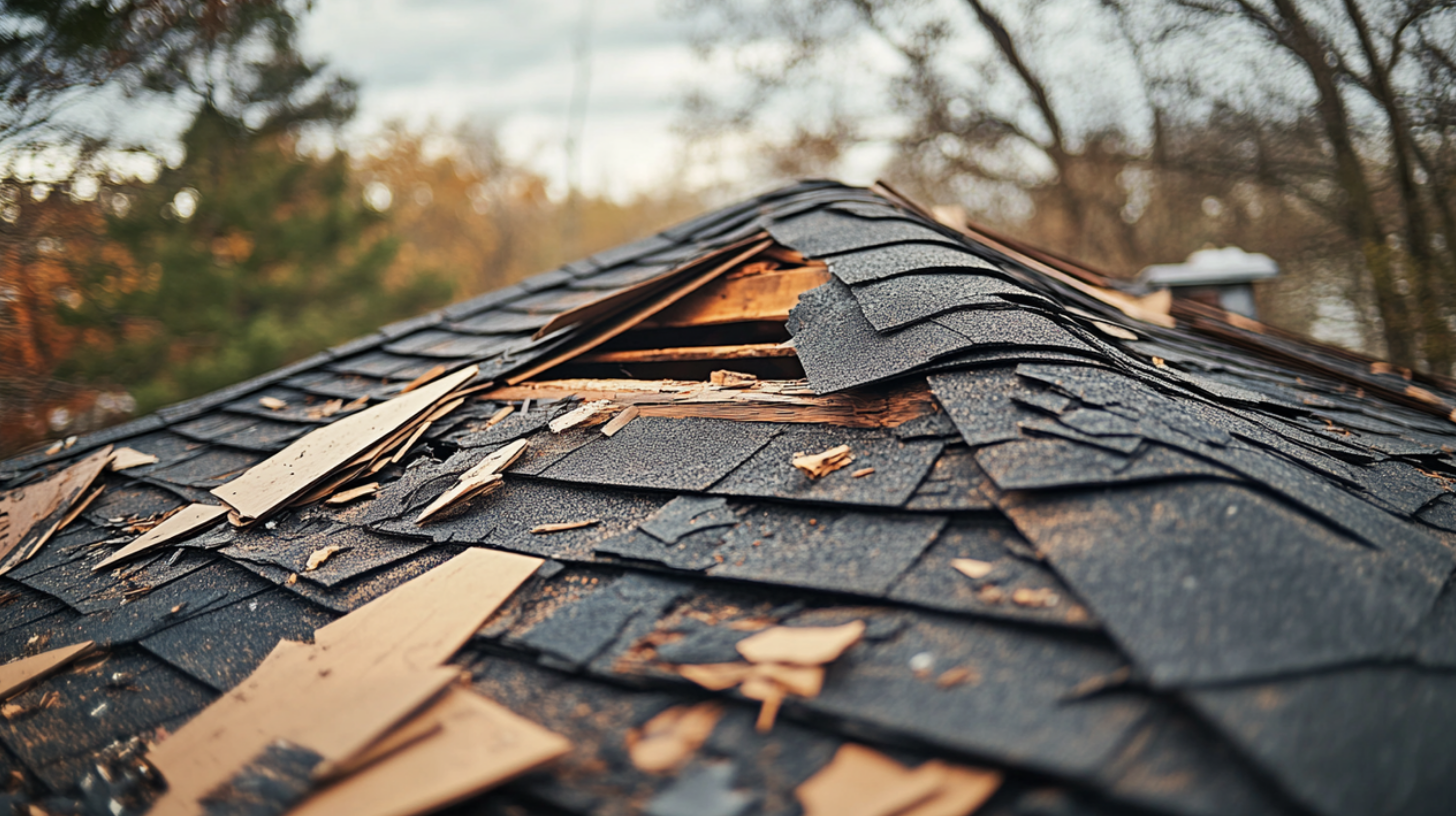 A residential roof that has been damaged by a recent storm.