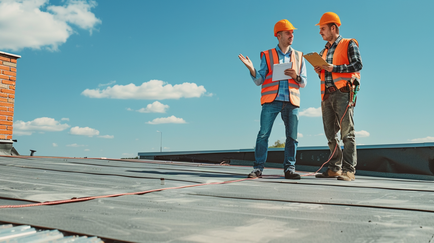 Two roofers conducting an inspection on a flat roof.