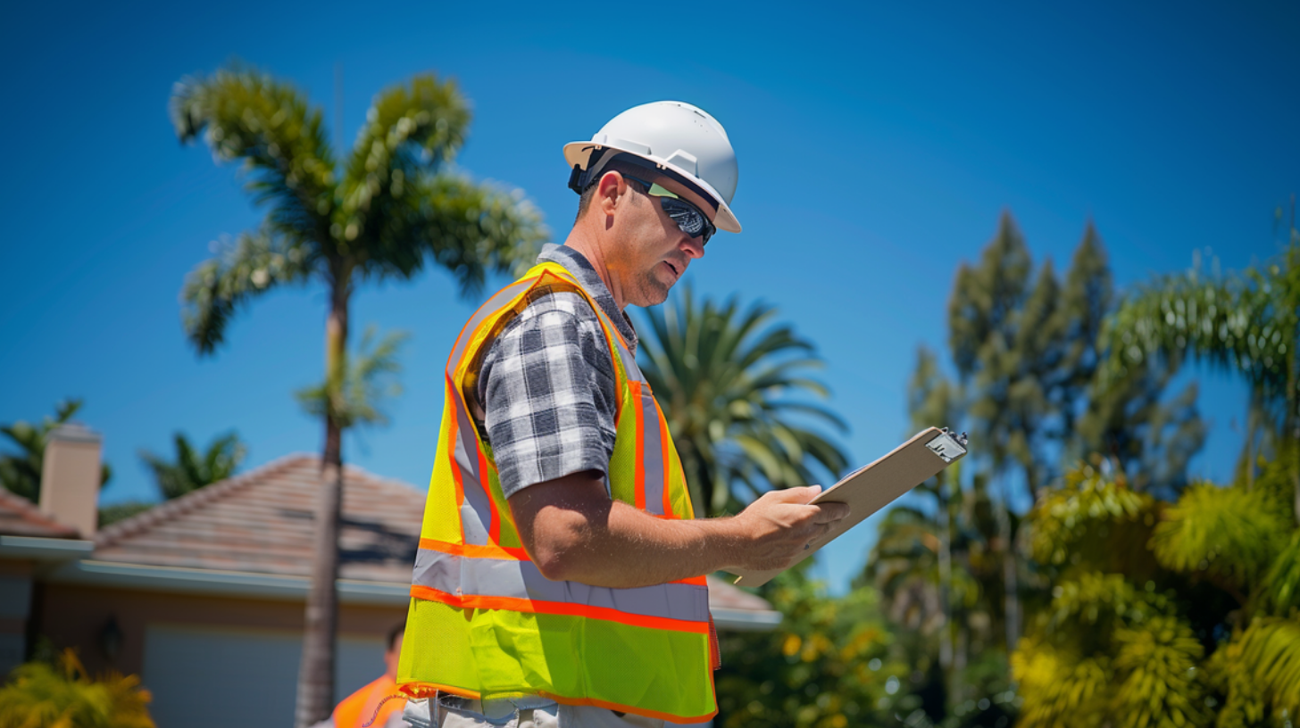 A professional roof inspector, wearing a safety helmet, sunglasses, and a high-visibility vest, is carefully reading his inspection findings on a residential roof.