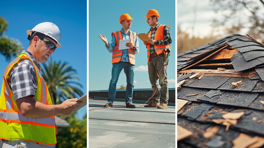 A professional roof inspector, two roofers conducting an inspection on a flat roof, and a residential roof that has been damaged by a recent storm.