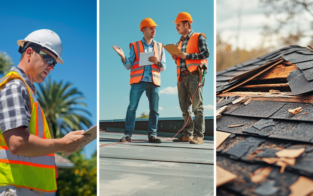 A professional roof inspector, two roofers conducting an inspection on a flat roof, and a residential roof that has been damaged by a recent storm.