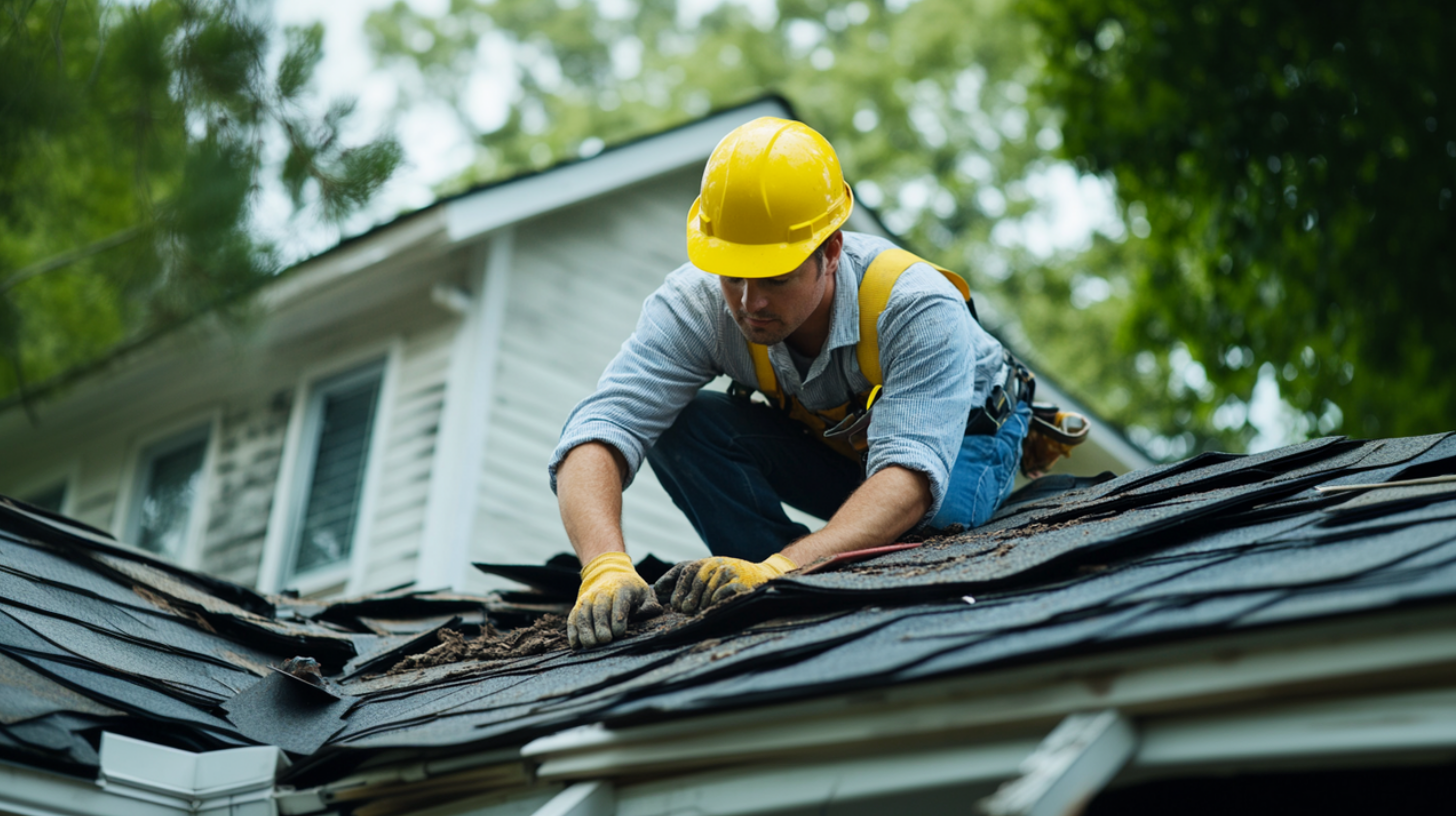 A roofer wearing a yellow hard hat is inspecting a residential roof that has been damaged by a heavy storm.