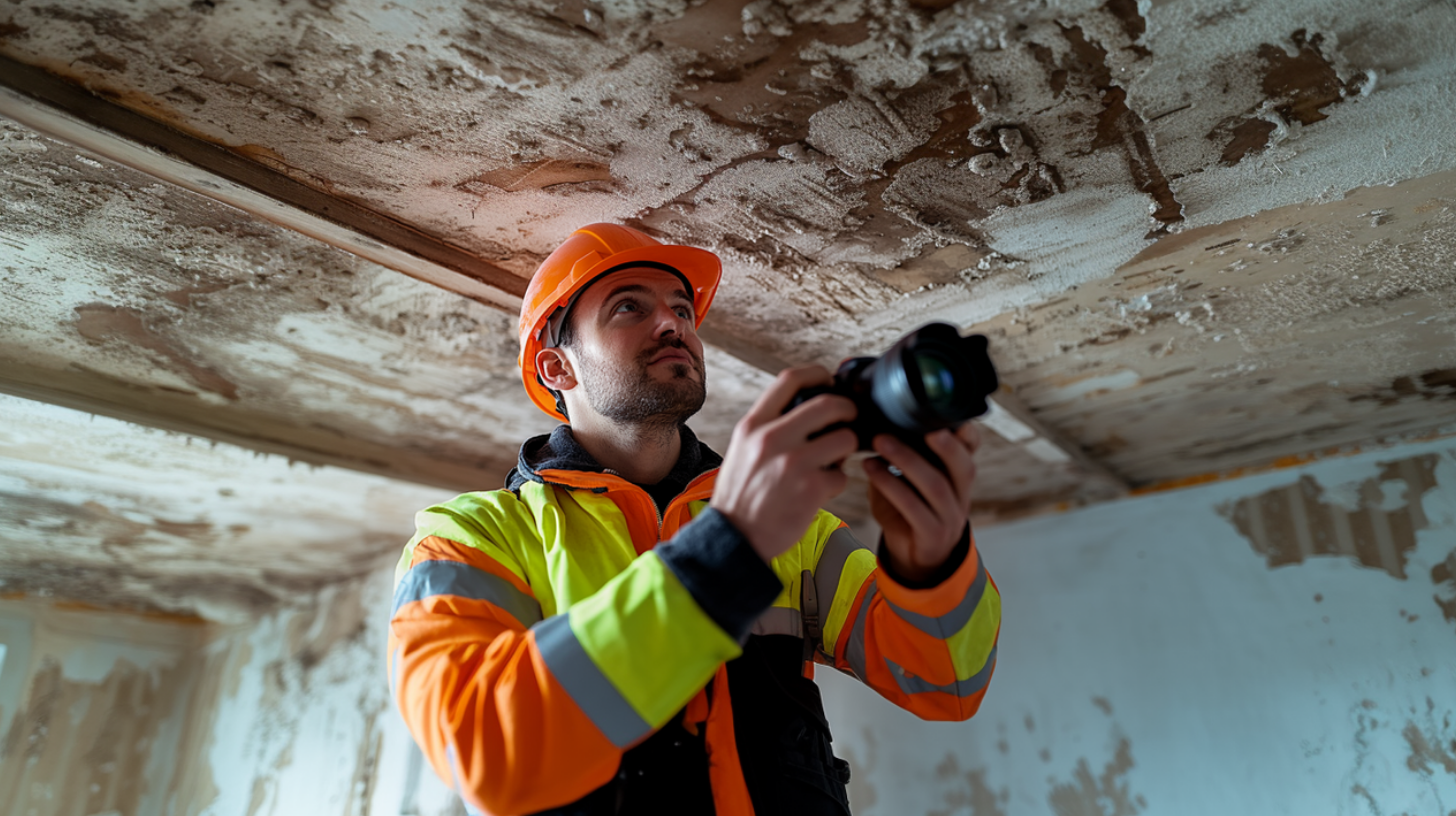 A roof contractor in a high-visibility jacket and hard hat inspecting a residential ceiling for storm damage signs like water stains, while holding a camera.