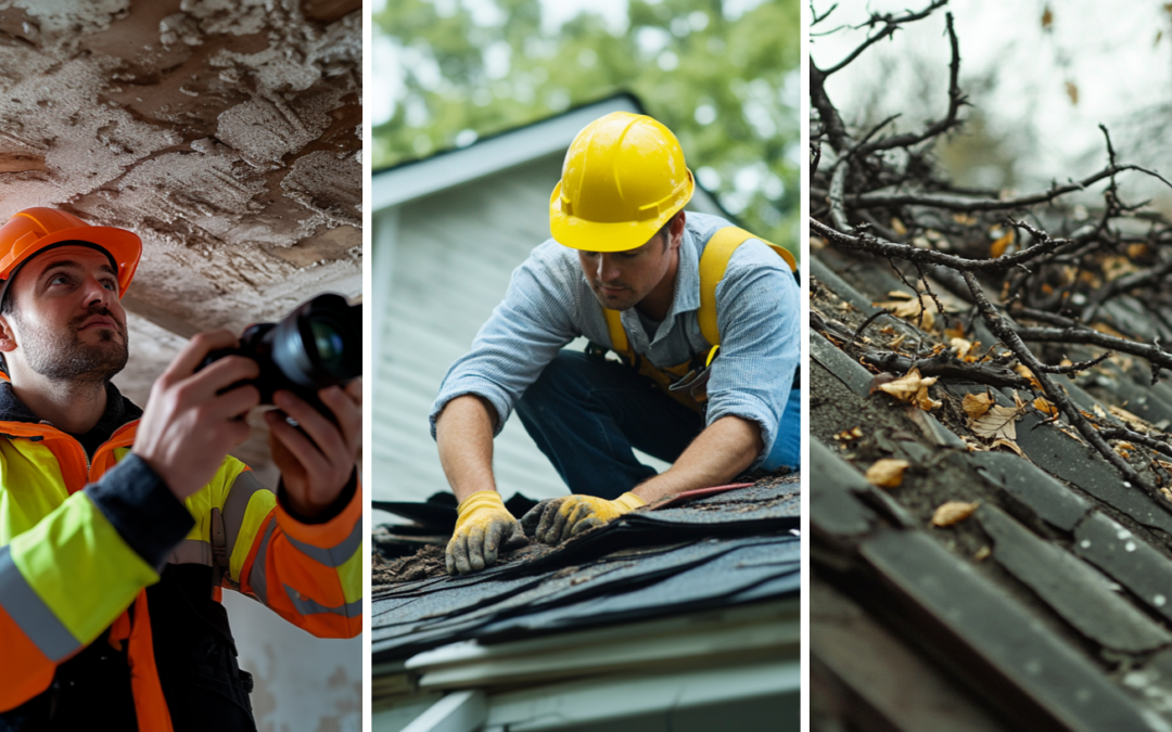 A roof contractor inspecting a residential ceiling for storm damage signs, a roofer wearing a yellow hard hat is inspecting a residential roof that has been damaged by a heavy storm, and a damaged roof caused by a heavy storm.