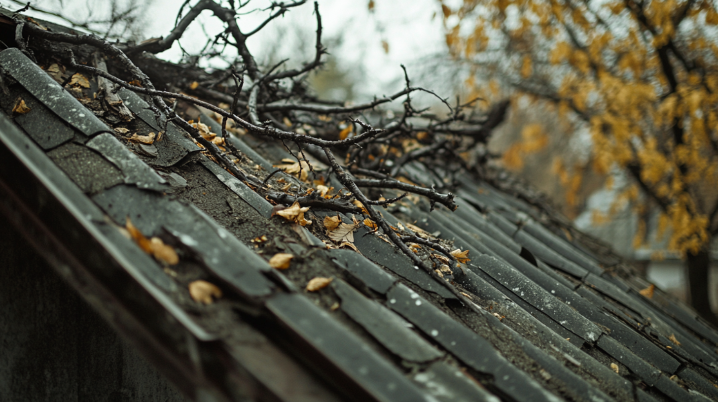 A damaged roof caused by a heavy storm.