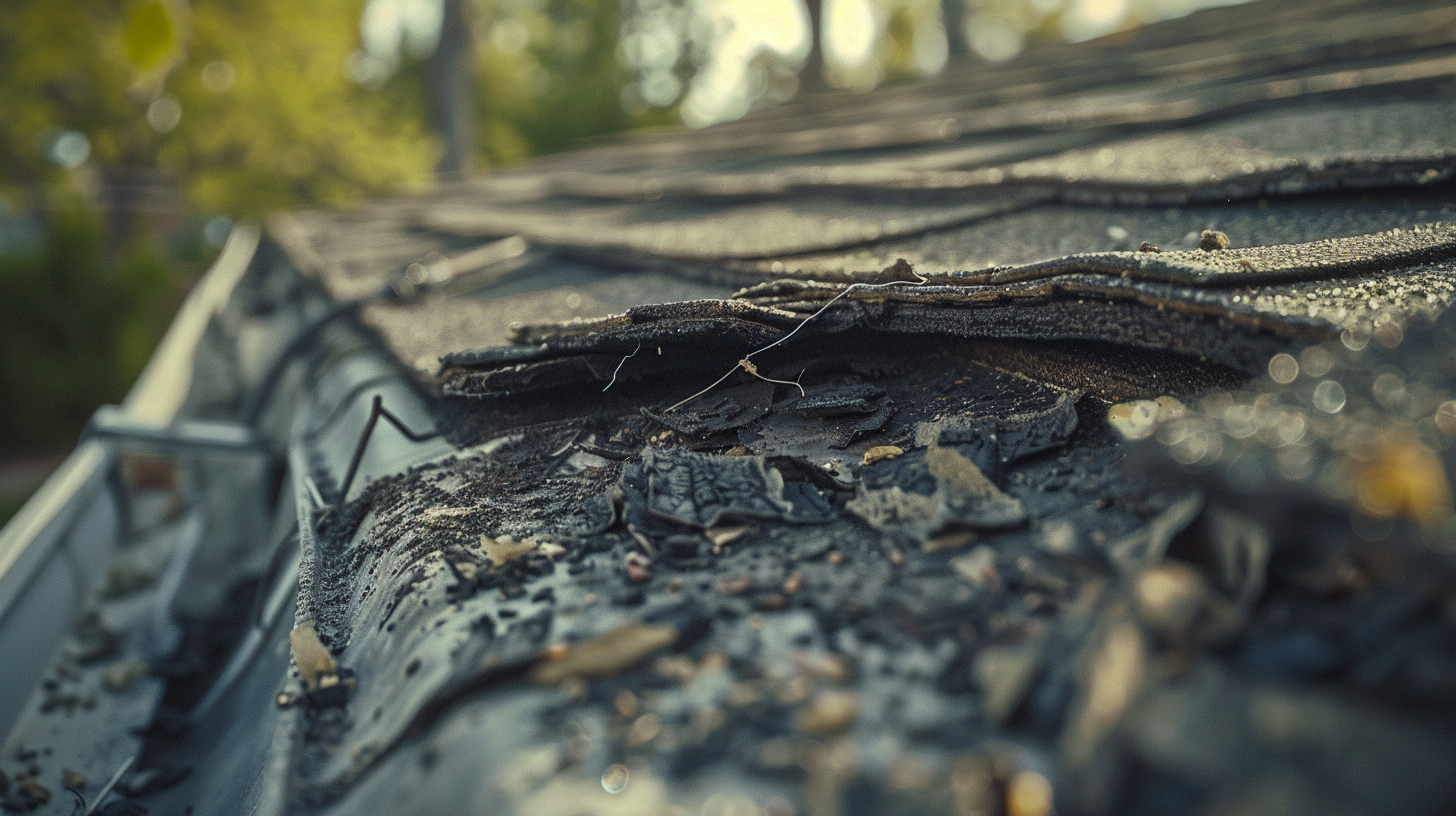 close up detail of the damaged gutter of a roof